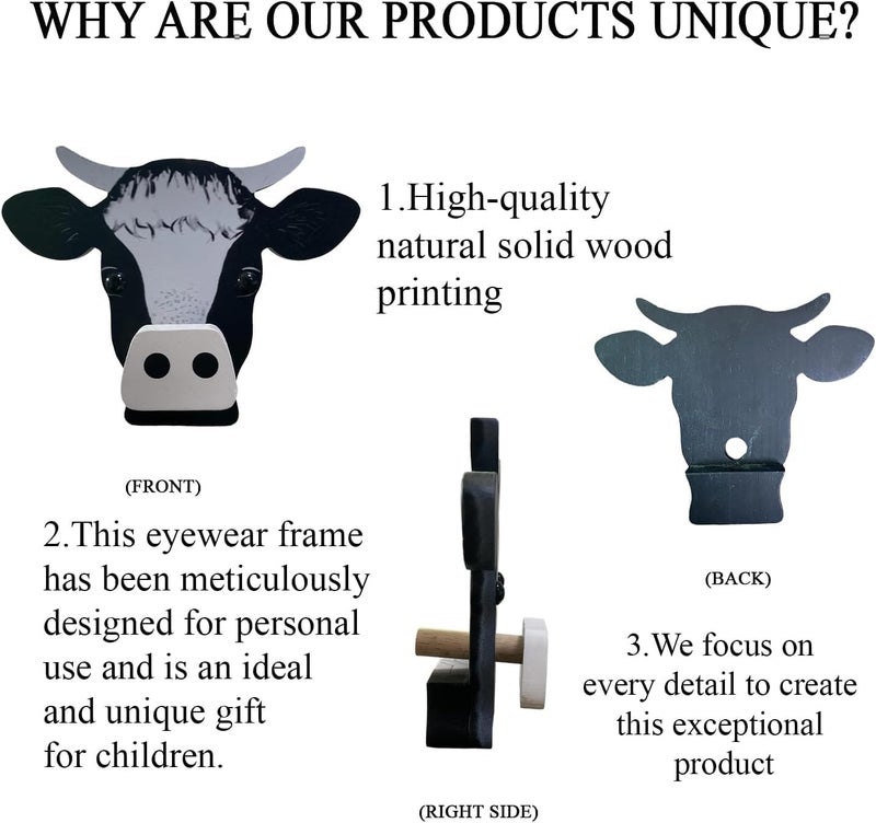 HyeeArt Wooden Animal Glasses Holder , Newsukie - Cute Solid Pine Wood Eyeglasses Stand,Carving Sunglasses Eyeglass Display Stand,Newsukie Creative Gift Glasses Holder for Desk (Flowers Highland Cow) (Cow-1) - Image 3